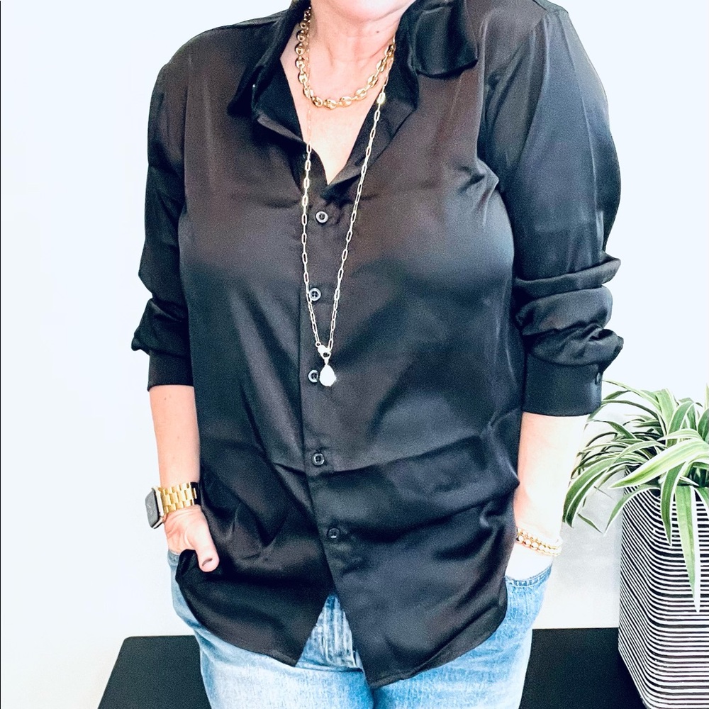 Satin black button down
